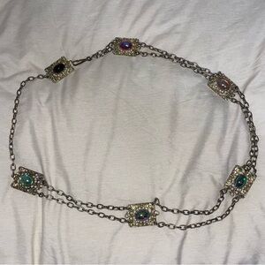 Vintage Chain Belt Gem Accents Y2K Style Colorful Silver chain belt stones hip